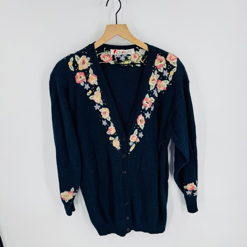 Vintage Chaus Navy Blue Floral Embroidered Cardigan Size M Cottagecore Whimsical